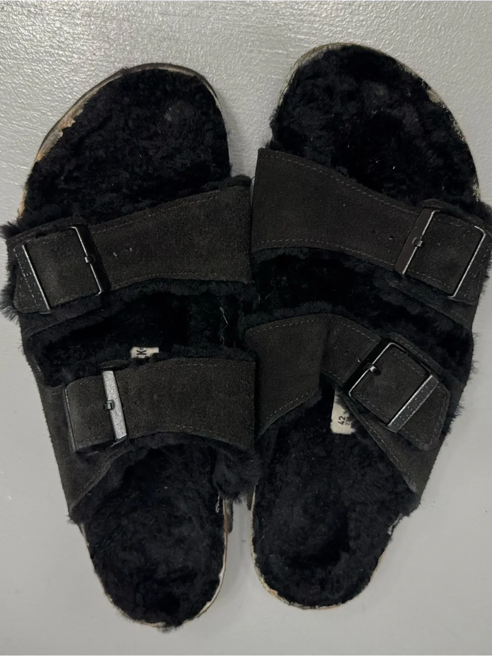 Birkenstock Black Shearling Suede Arizona Slide Sandals